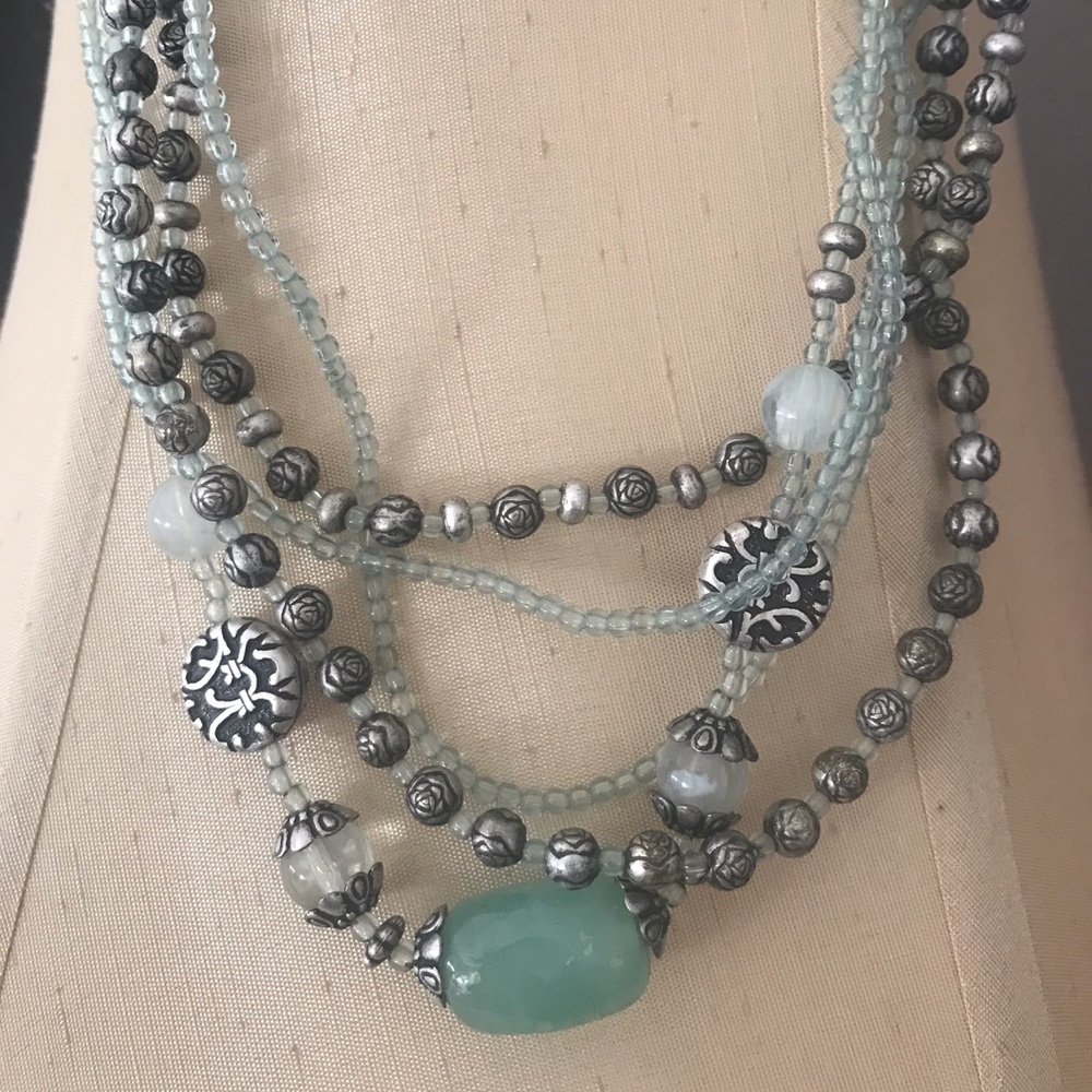 Multi strands seafoam green and silver necklace
